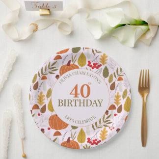 Autumn fall floral classic pink leaves pumpkins paper plate