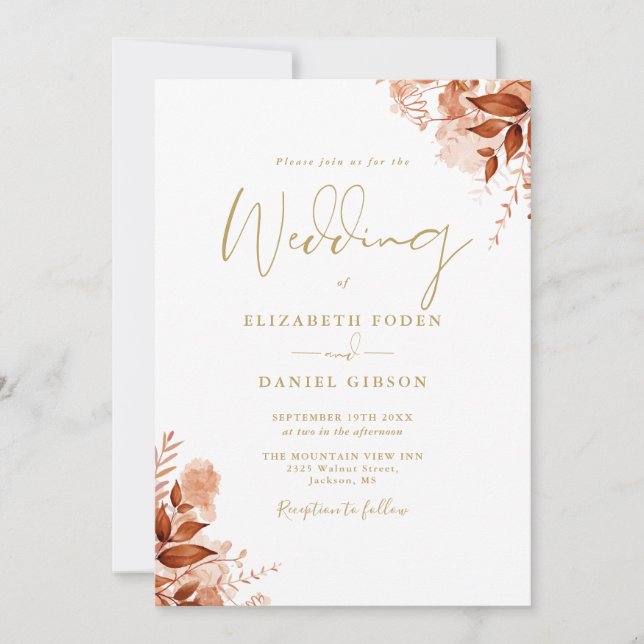 Autumn Fall Floral Elegant Gold Wedding Invitation (Front)