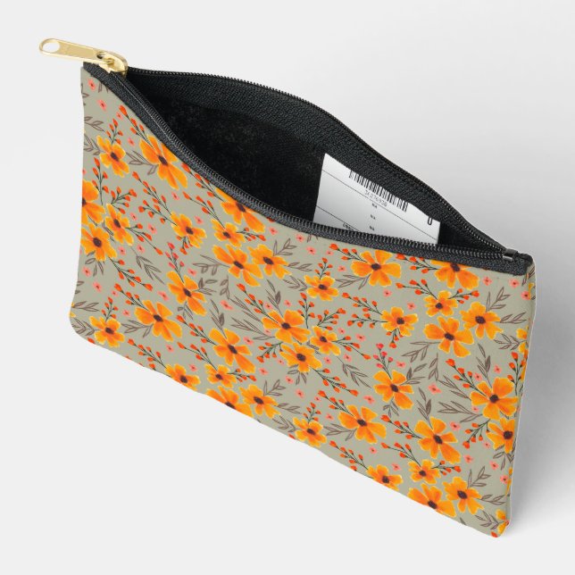 Autumn Fall Floral Pattern Sage Green  Accessory Pouch (Open)