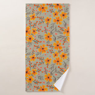 Autumn Fall Floral Pattern Sage Green  Bath Towel