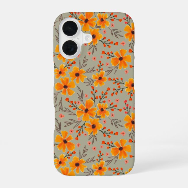 Autumn Fall Floral Pattern Sage Green  iPhone 16 Case (Back)