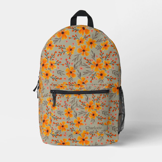 Autumn Fall Floral Pattern Sage Green Name Printed Backpack (Front)