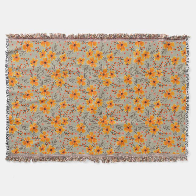 Autumn Fall Floral Pattern Sage Green  Throw Blanket (Front)