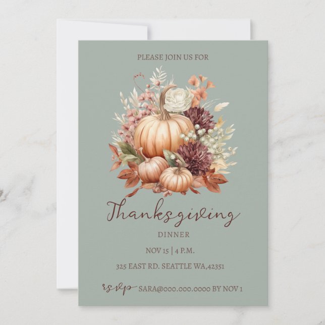 Autumn Fall Floral Pumpkins Thanksgiving Dinner Invitation (Front)