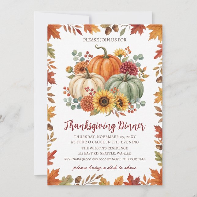 Autumn Fall Floral Pumpkins Thanksgiving Dinner Invitation (Front)