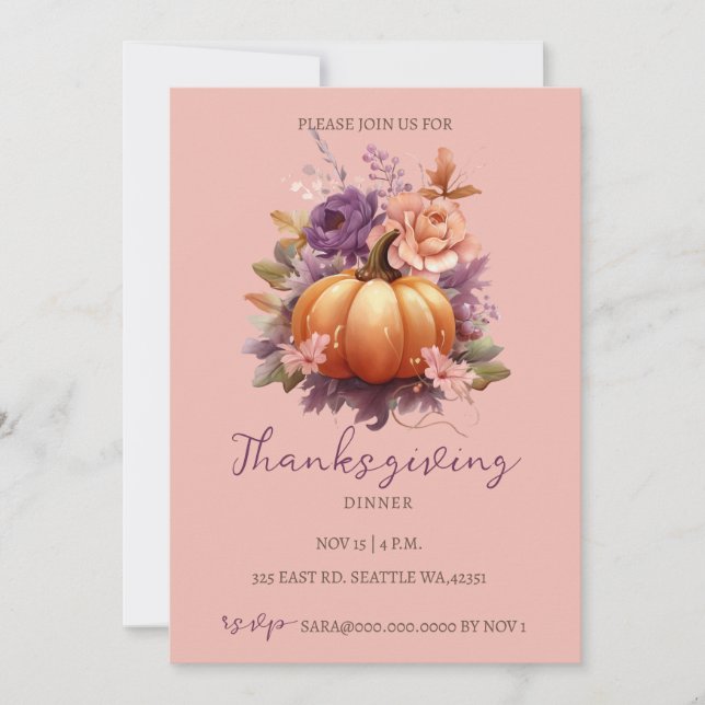 Autumn Fall Floral Pumpkins Thanksgiving Dinner Invitation (Front)