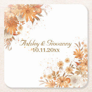 Autumn Fall Floral Rustic Watercolor Wedding Square Paper Coaster