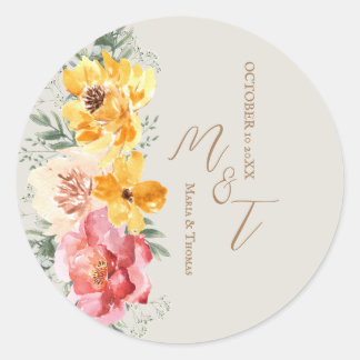 Autumn Fall Floral Wedding Monogram napkins Classic Round Sticker