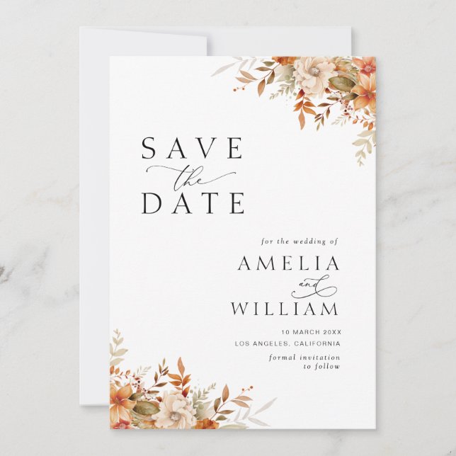 Autumn fall floral wedding save the date (Front)