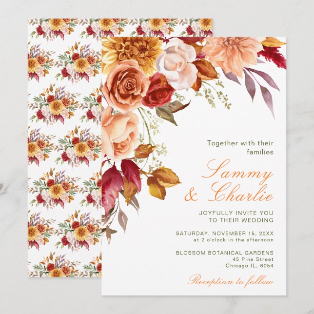 Autumn Fall Flowers and Foliage Wedding Invitation (Front/Back)
