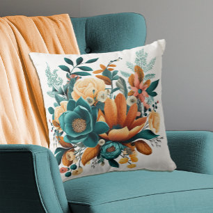 Autumn Fall Flowers Bohemian Teal Orange Cushion