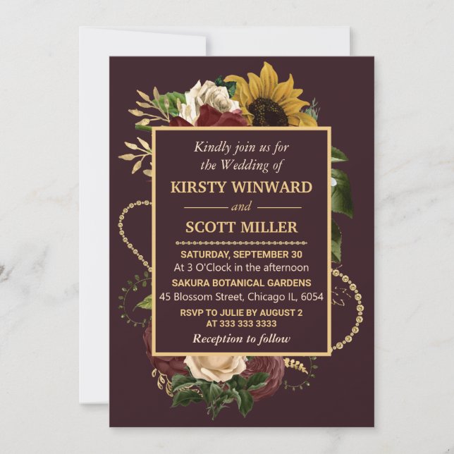 Autumn Fall Flowers Foliage Gold Wedding Invitation (Front)