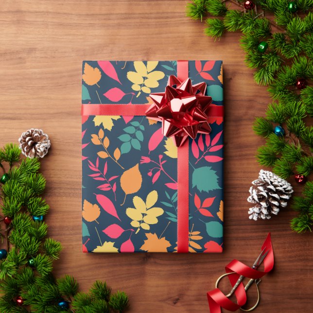 Autumn Fall Foliage Botanical Pattern Navy Wrapping Paper (Holiday Gift)