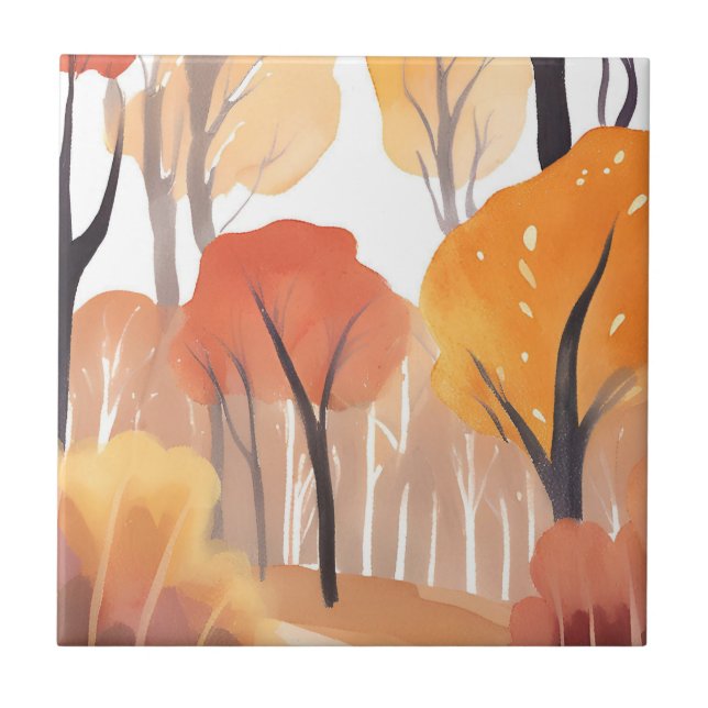 Autumn Fall Foliage Forest Watercolor Leaves Ceramic Tile (Front)