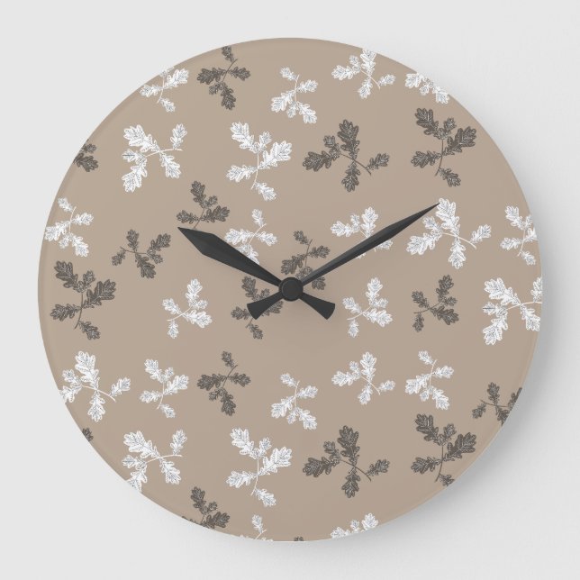 Autumn Fall Foliage Leaves Brown Taupe Pattern Large Clock (Front)