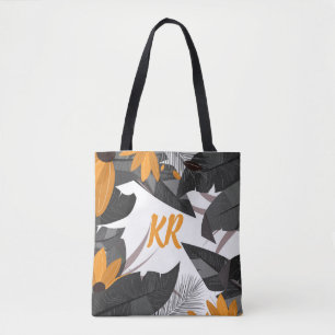 Autumn Fall Foliage Orange Gray Monogrammed Tote Bag