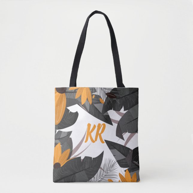 Autumn Fall Foliage Orange Grey Monogrammed Tote Bag (Front)