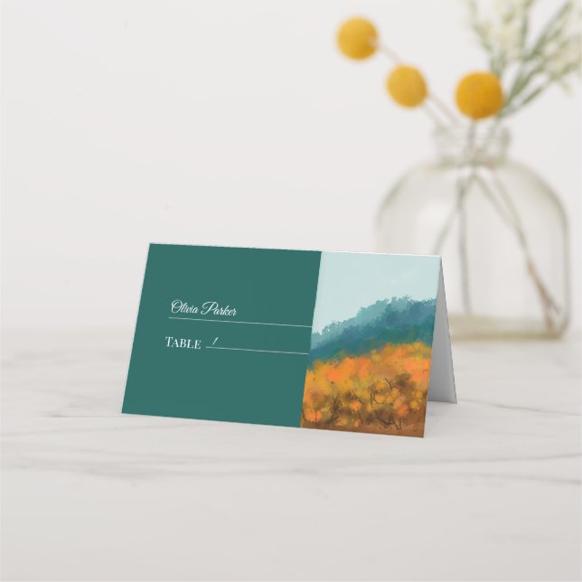 Autumn Fall Forest Trees Blue Mountain Place Card (Front)