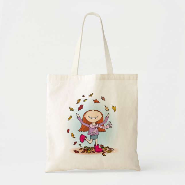 Autumn / fall fun in the leaves girl pink boot tote bag (Front)