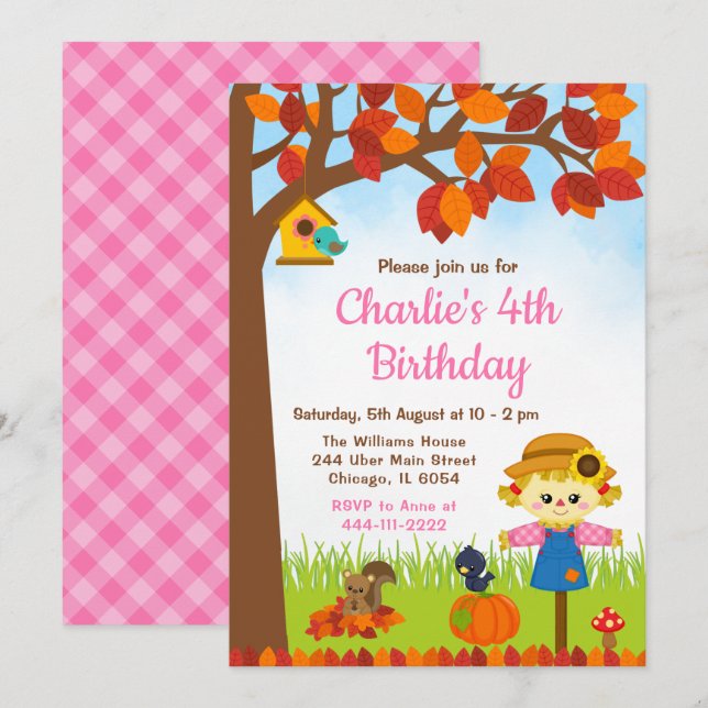 Autumn Fall Girl Scarecrow Birthday Invitation (Front/Back)