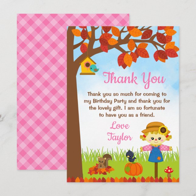 Autumn Fall Girl Scarecrow Birthday Thank You Card (Front/Back)