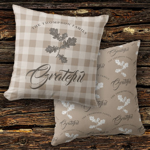 Autumn Fall Gratitude Family Name Taupe Plaid Cushion