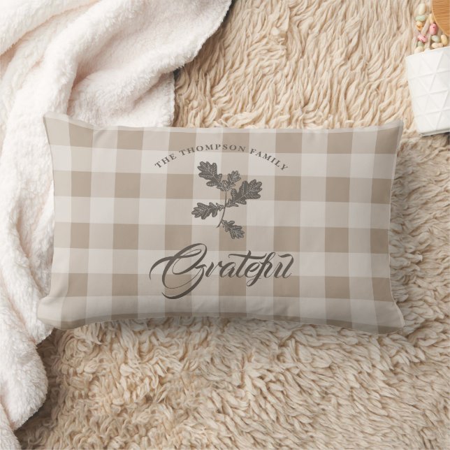 Autumn Fall Gratitude Foliage Taupe Plaid Lumbar Cushion (Blanket)