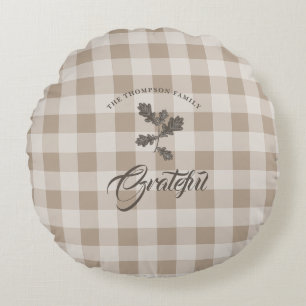Autumn Fall Gratitude Foliage Taupe Plaid Round Cushion