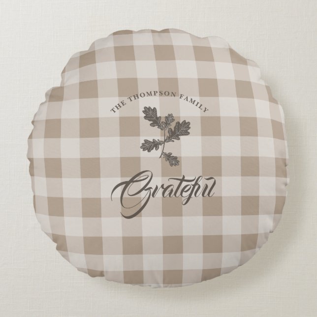 Autumn Fall Gratitude Foliage Taupe Plaid Round Cushion (Front)