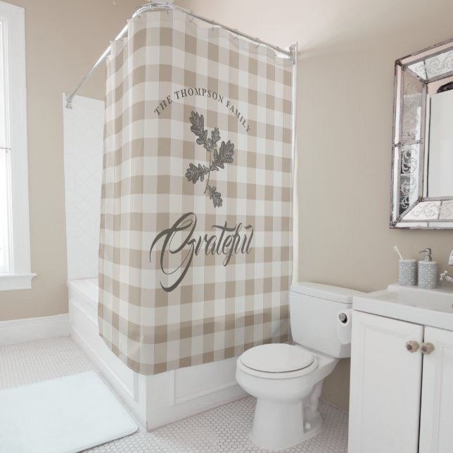 Autumn Fall Gratitude Foliage Taupe Plaid Shower Curtain (In Situ)