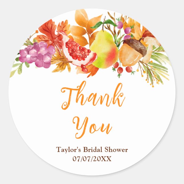 Autumn Fall Harvest Bridal Shower Thank You Classic Round Sticker (Front)