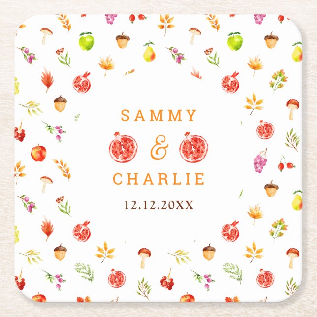 Autumn Fall Harvest Wedding Square Paper Coaster (Front)