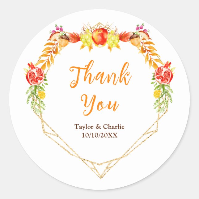 Autumn Fall Harvest Wedding Thank You Classic Round Sticker (Front)