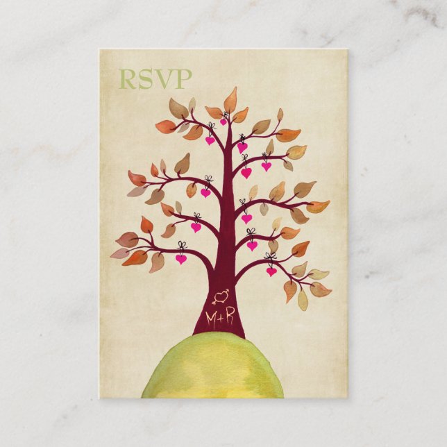 Autumn Fall Heart Tree Carving Wedding RSVP Cards (Front)