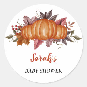 Autumn fall leaf Pumpkin Baby Shower, Custom name Classic Round Sticker