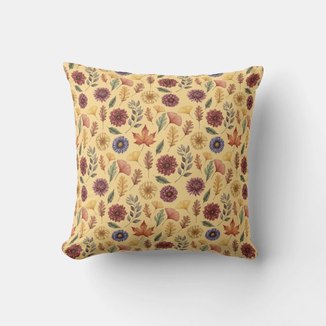 Autumn Fall Leaves and Flowers Pattern Cushion (Front)