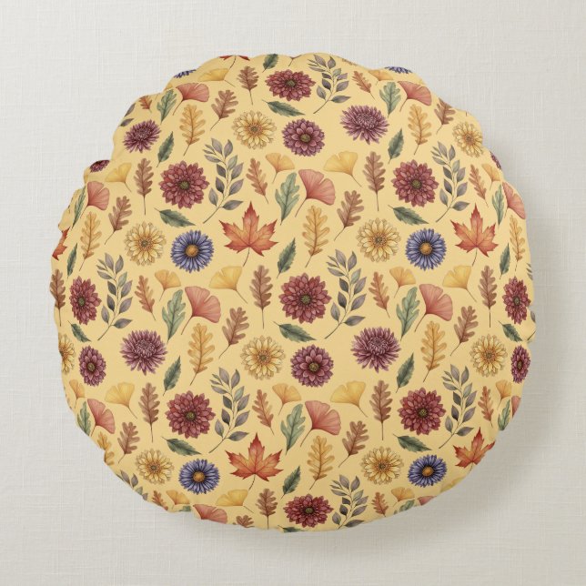Autumn Fall Leaves and Flowers Pattern Round Cushion (Front)