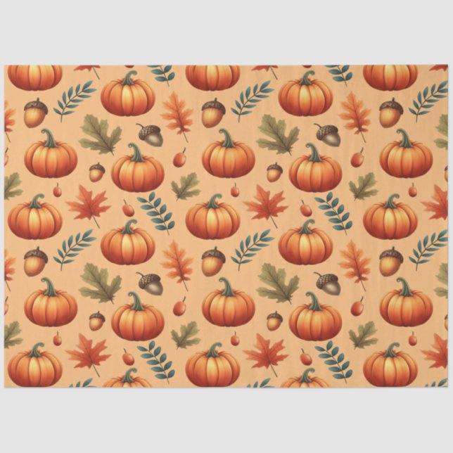 Autumn Fall Leaves And Pumpkin Seamless Pattern Tissue Paper (Front)
