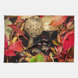Autumn Fall leaves, chestnuts mushrooms photo Tea Towel