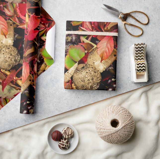 Autumn Fall leaves, chestnuts mushrooms photo Wrapping Paper (Crafts)