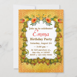 Autumn Fall Leaves Cute Modern Birthday Invitation