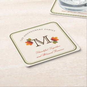 Autumn/Fall Leaves Family Monogram Thanksgiving Square Paper Coaster