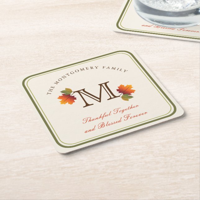 Autumn/Fall Leaves Family Monogram Thanksgiving Square Paper Coaster (Angled)