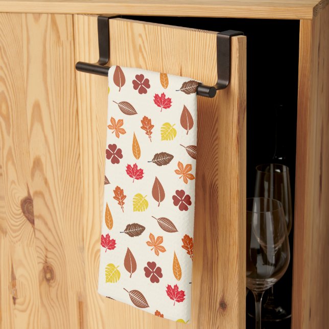 Autumn Fall Leaves on a Cream Background Tea Towel (Thirds Fold)