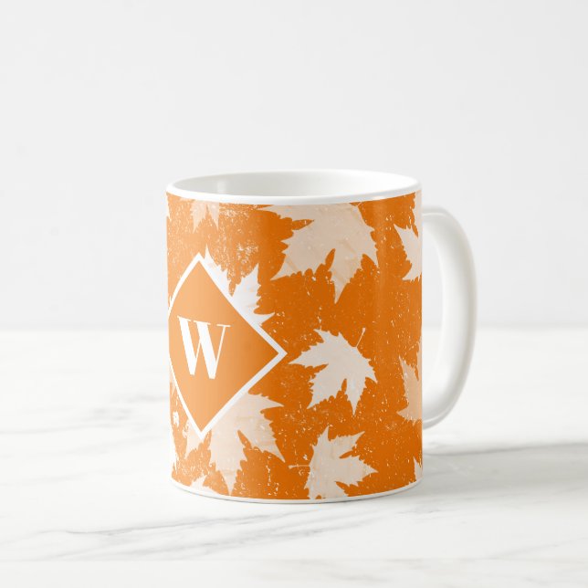 Autumn Fall Leaves Pattern Monogram Coffee Mug (Front Right)