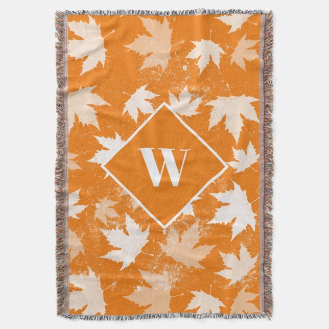 Autumn Fall Leaves Pattern Monogram Throw Blanket (Front Vertical)