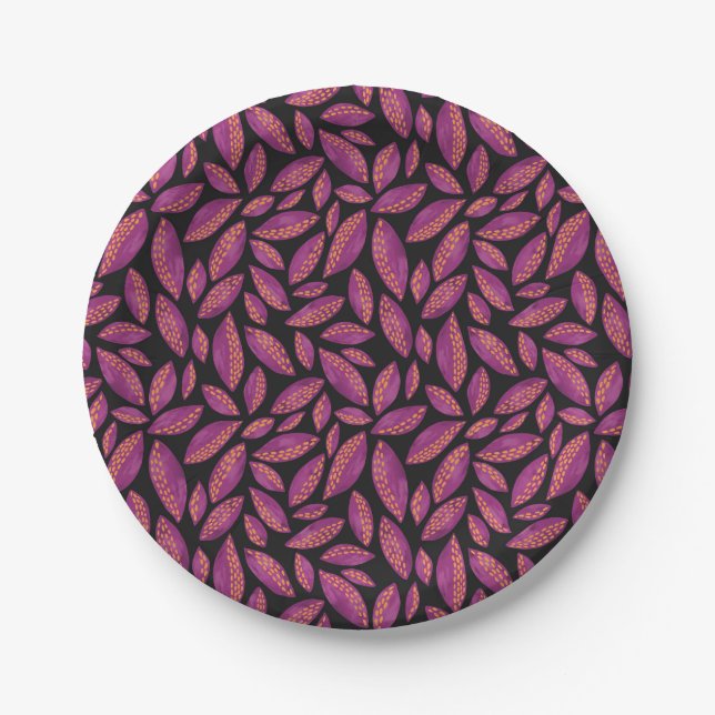 Autumn Fall Leaves Purple & Black Pattern Paper Plate (Front)