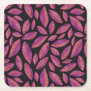 Autumn Fall Leaves Purple & Black Pattern Square Paper Coaster