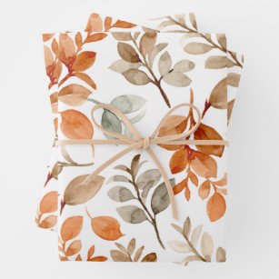 Autumn Fall Leaves Terracotta Brown Boho Pattern  Wrapping Paper Sheet
