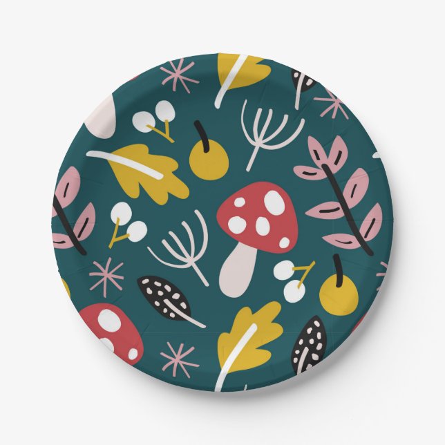  autumn fall leaves with mushroom in green shade   paper plate (Front)